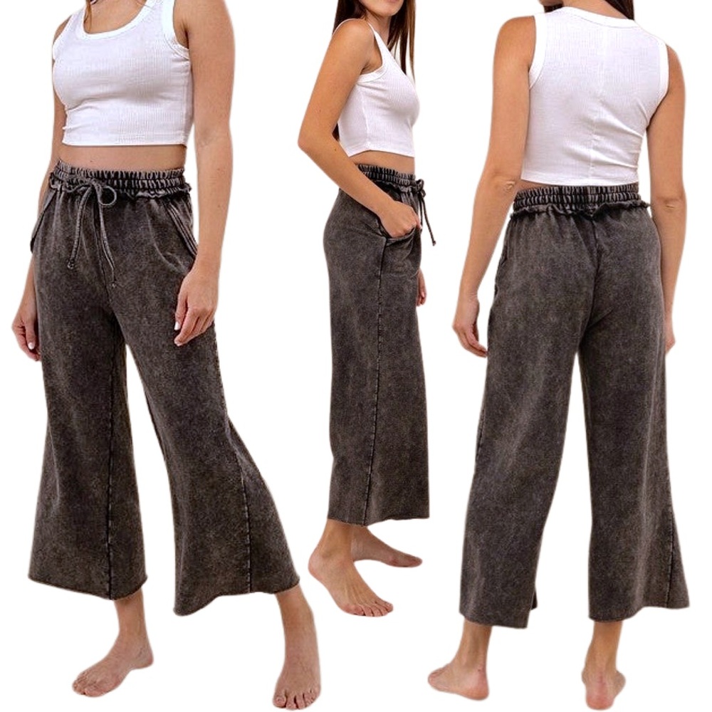 Acid Wash Fleece Palazzo Sweatpants w/ Pockets- Ash Black